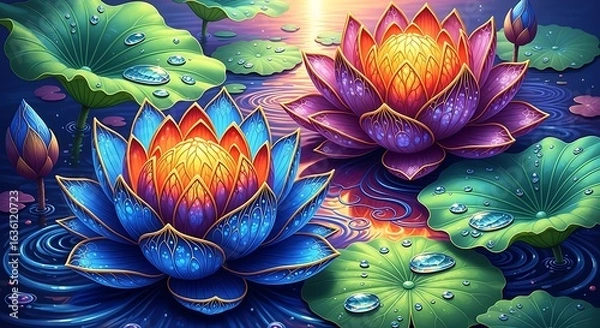 Fototapeta Beautiful lotus flowers in the water with lily pads and ripples