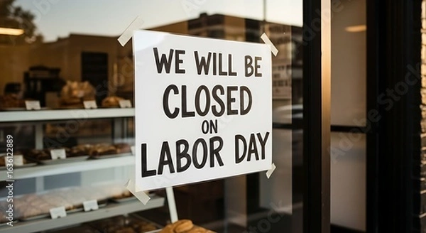 Fototapeta Store closed for labor day holiday sign on a storefront window