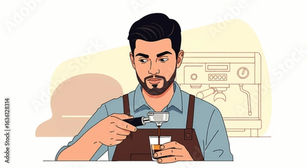 Fototapeta Skilled barista in an apron expertly crafting an espresso drink using a portafilter in a coffee shop. Vector illustration.