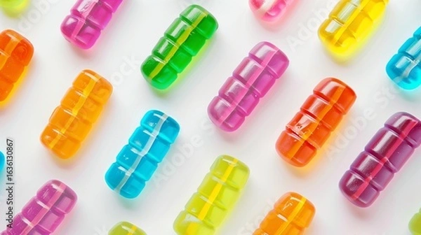 Fototapeta colorful plastic candies arranged in rows on white background