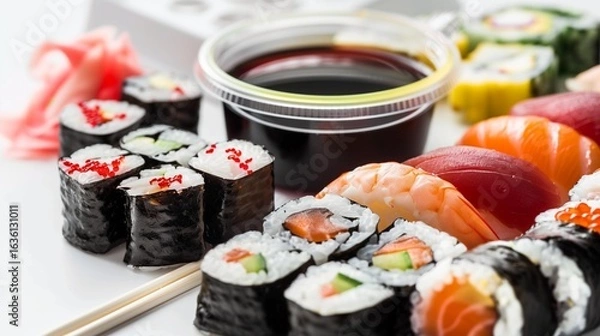 Fototapeta colorful plastic sushi set with soy sauce container on white background