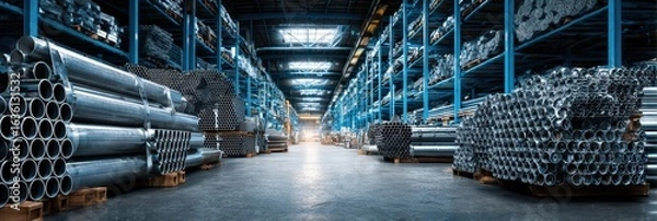 Obraz Steel pipes and materials organized in a spacious warehouse at midday with bright lighting illuminating the aisle