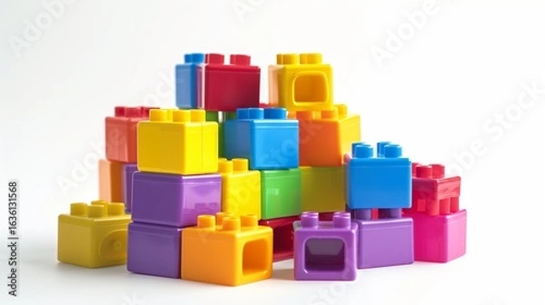 Fototapeta colorful plastic toy blocks stacked on white background