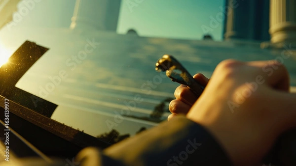 Fototapeta Hand holding a car windshield wiper blade against a bright sky with classical architecture in the background golden hour light