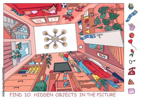 Fototapeta Find 10 hidden objects in the picture. Room from bottom to top. Interior with furniture and home objects. Cozy family room. Learning English. Linear sketch vector illustration.