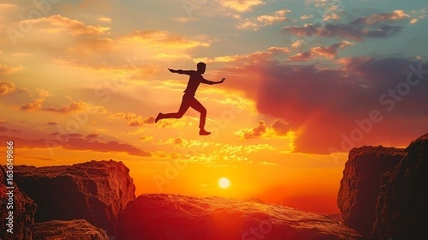 Fototapeta silhouette jumping across cliff gap symbolizing opportunity leap