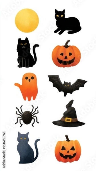 Fototapeta Seasonal collection of Halloween-themed illustrations featuring black cats, pumpkins, and spooky characters