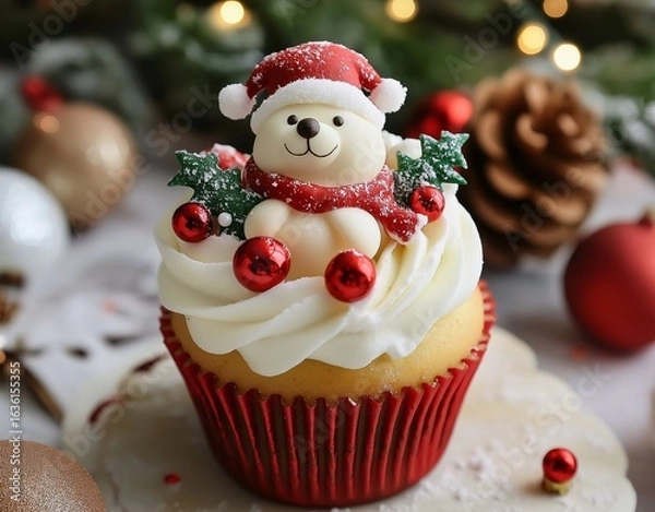 Fototapeta A cute polar bear wearing a Santa hat sits on a festive Christmas cupcake, decorated with red ornaments and white snowflakes