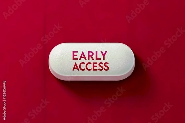 Fototapeta Pill with Early Access Text on Red Background Suggests Medical Breakthrough or New Treatment Option