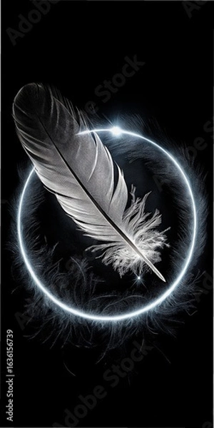 Fototapeta Mysterious Feather in a Glowing Circle Against a Dark Background