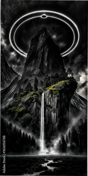 Fototapeta Mysterious Mountain Peak With Waterfall and Ethereal Halo Above