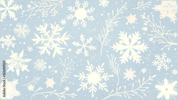 Fototapeta 雪の結晶と冬の枝パターン - ブルーと白のシックなホリデー背景