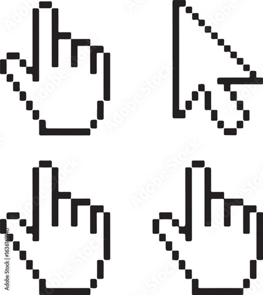 Fototapeta Pixel Style Cursor Pointer Icon Set Clicking Hand, Select Symbol, Arrow Pointer, Tap Gesture, and Pressed Button UI Elements
