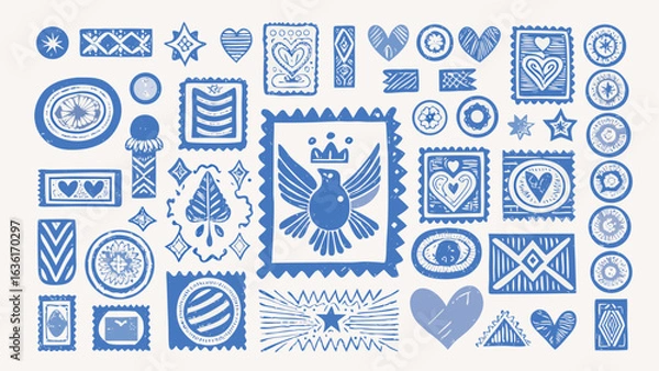 Fototapeta Collection of blue hand drawn stamps and icons featuring hearts stars and a bird with a crown design