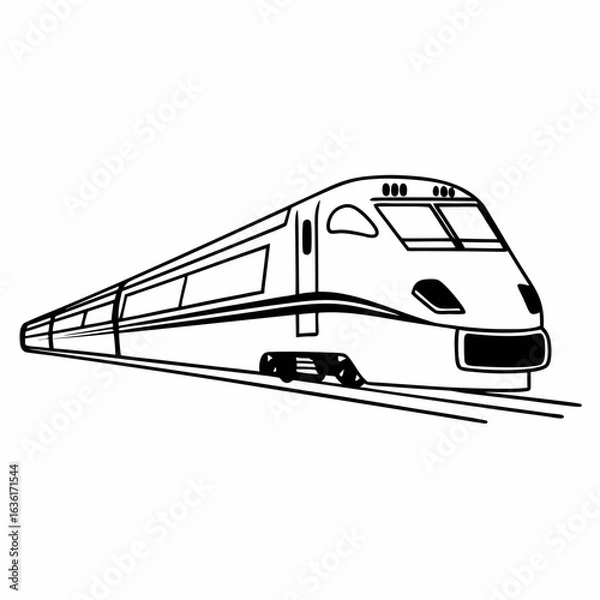 Fototapeta Black and white line art illustration of a modern high speed train on a white background transportation