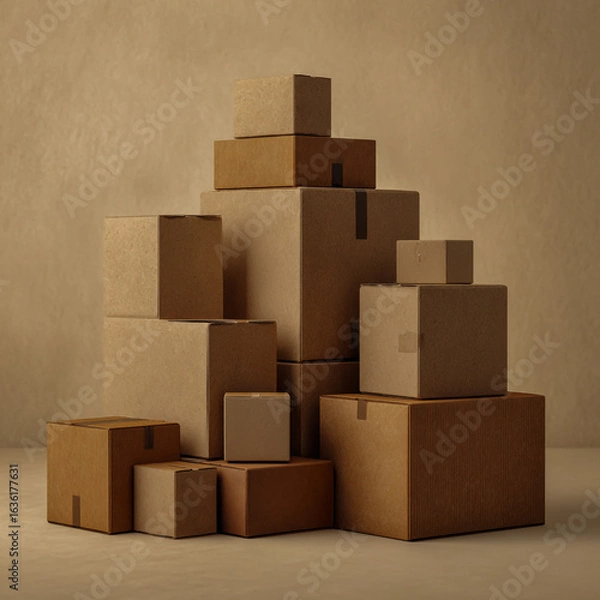 Fototapeta A stack of cardboard boxes on a beige background, representing online shopping and packaging. The boxes are stacked in various sizes to create an aesthetically pleasing composition
