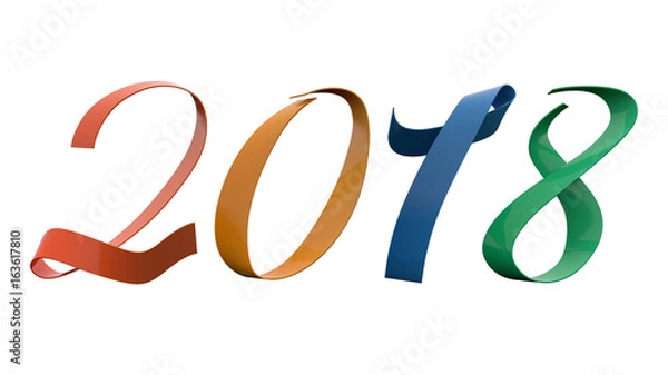 Fototapeta 2018 New Year Digits Tetrad Saturated Colors 15 Degrees Glossy Metallic Ribbon With Mirror RGB Gradient Title 3D Render In 8K Resolution