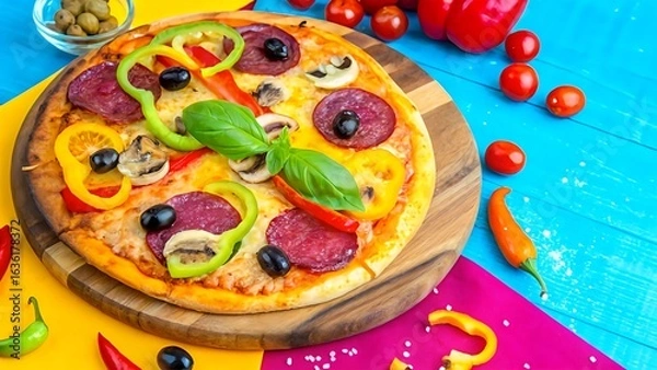 Fototapeta Gourmet Pizza with Fresh Toppings on Wooden Board – Overhead View with Crispy Crust and Appetizing Details