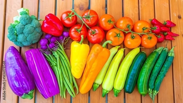 Fototapeta Top View of Fresh Colorful Vegetables Neatly Arranged on Wooden Table – Healthy Food and Organic Cooking Concept