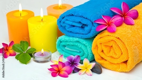 Fototapeta Spa and Relaxation Scene with Candles, Towels, and Tropical Flowers – Minimal Clean Wellness Composition