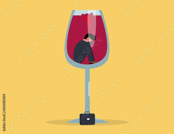 Fototapeta A businessman trapped inside a wine glass, portraying the concept of addiction and corporate struggle.