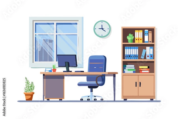 Fototapeta Modern office workspace with desk computer chair and bookshelf