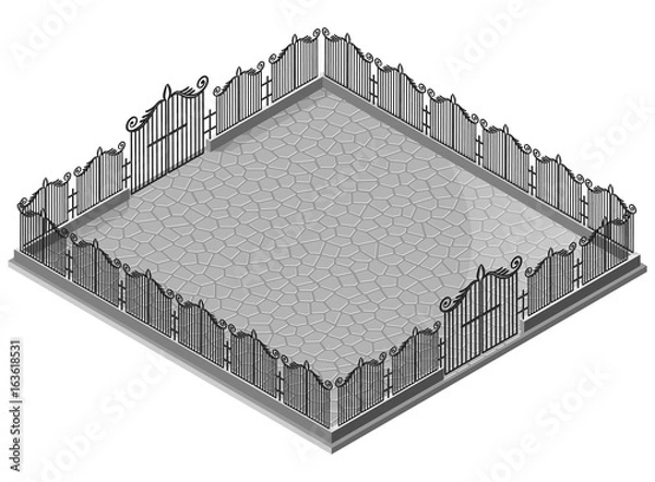 Obraz Decorative iron fence and gate on stone pavement. 3D isometric view. Vector illustration.