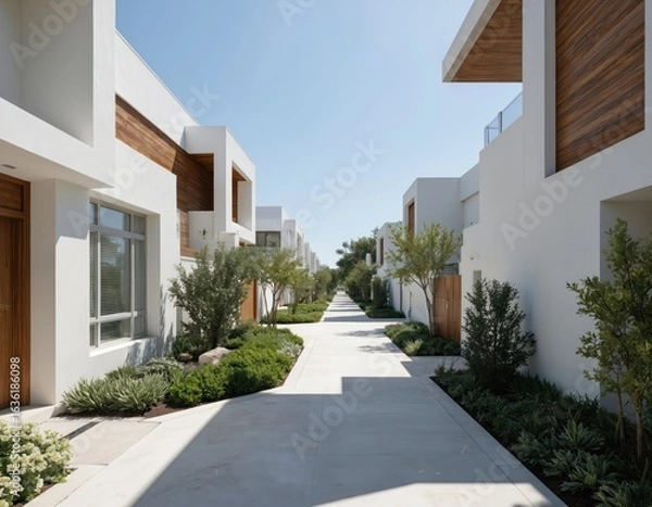 Fototapeta Modern white homes with wood accents line clean pathway in sunny gated community. Rich landscaping with various plants, shrubs complements minimalist, elegant architecture. Exclusive suburban