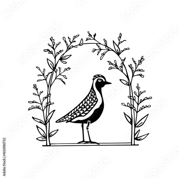 Fototapeta Vector card with hand drawn cute shorebird in graceful floral arch. Beautiful animal design elements, ink drawing, logo template