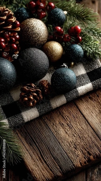 Fototapeta Festive holiday decorations featuring ornaments, pinecones, and greenery on a rustic wooden surface
