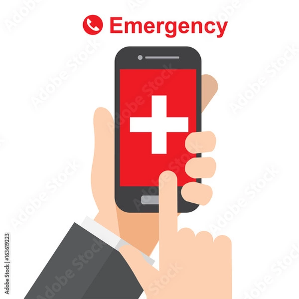 Obraz emergency call , ambulance , hand holds smartphone. vector illustration.