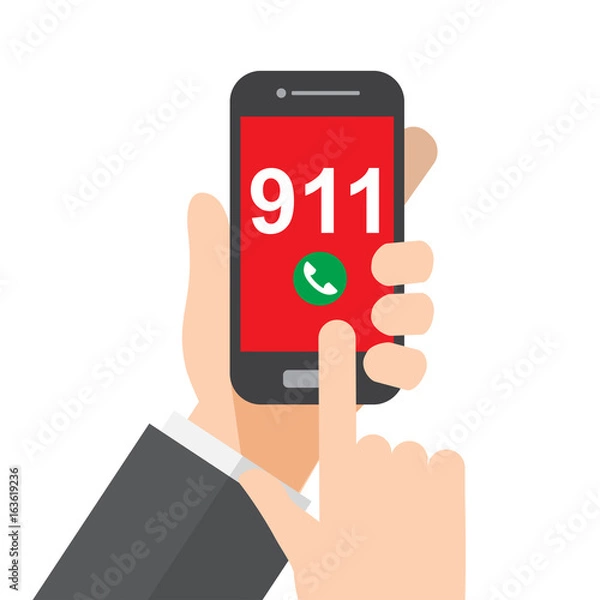 Obraz call police , emergency , ambulance , hand holds smartphone. vector illustration.