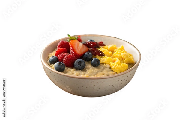 Fototapeta steaming bowl oatmeal topped fresh berries crispy bacon scrambled eggs sits atop rustic wooden table bathed soft morning on AI generated by PNG