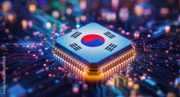 Fototapeta Brightly lit semiconductor chip features South Korean flag design at its center, surrounded by intricate circuits on a neon background, representing innovation in technology and electronics