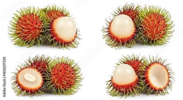Fototapeta Four views of fresh rambutan fruit whole and halved on a white background