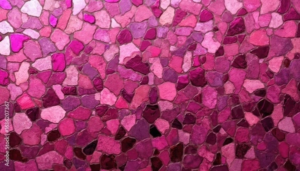 Fototapeta Illustration of wall with tile fragments of different sizes, shapes. Modern pink, magenta mosaic stone texture. Abstract grungy stone cladding pattern. Interior, exterior design material with light