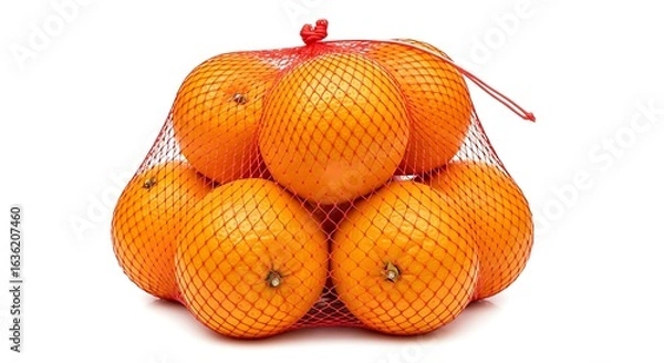 Fototapeta Bag of fresh oranges with protective netting against a white background