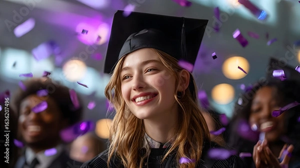 Fototapeta Joyful Bright Smiling Graduate Celebrating Achievement with Confetti at Ceremony. Ai Generated Images