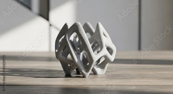 Fototapeta Intricate 3D-Printed Parametric Sculpture Illuminated by Sunlight on a Wooden Floor.