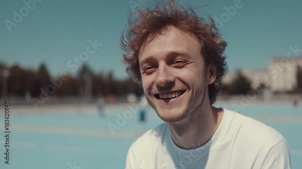 Obraz joyful portrait of smiling person in park designed entirely for augmented reality experiences