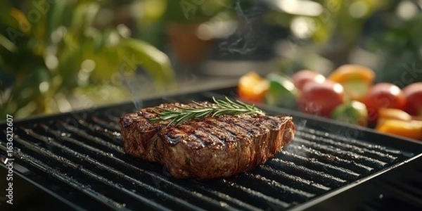 Obraz Grilled steak with rosemary cooking on a barbecue surrounded by fresh vegetables on a sunny day