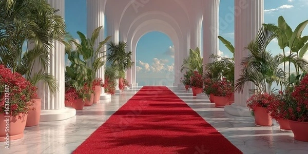 Fototapeta Elegant corridor with red carpet and lush greenery under a bright sky in a serene outdoor setting