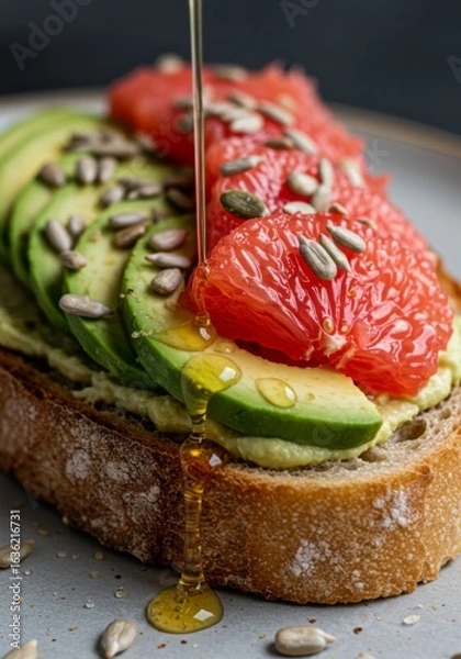 Fototapeta Closeup of Avocado Toast with Grapefruit and Sunflower Seeds