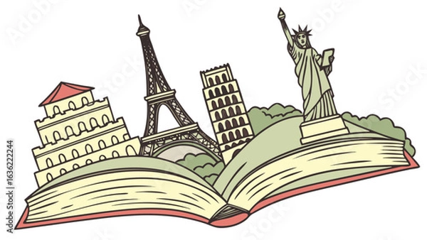 Obraz Open Book with World Landmarks Emerging – International Literacy Day Concept Illustration

