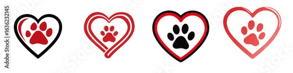 Fototapeta Four red heart shapes with paw prints inside on black background isolated on a transparent background