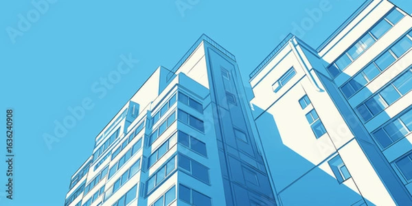 Fototapeta 青空の下に立ち並ぶ高層ビル群をアニメ風の手描きタッチで描いた風景イラスト。都会、都市、ビジネス街、街並み、建物、爽やか、背景素材、プレゼン資料や広告にも使える。