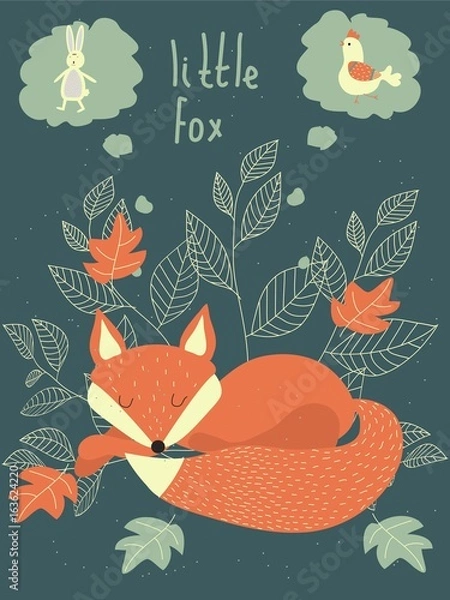 Obraz Vector cartoon illustration of a sleepy little fox. Fox dream . Vintage. Doodle.