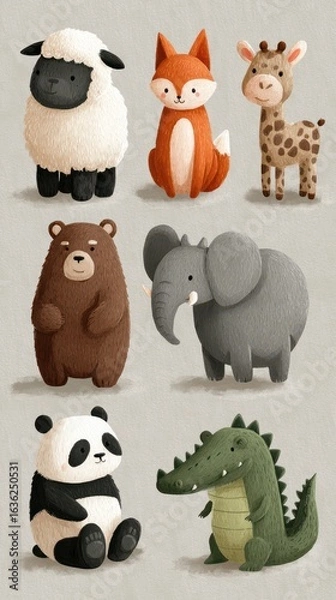 Fototapeta Cute and colorful cartoon-style animals illustrated in a playful arrangement showcasing a bear, panda, giraffe, fox, sheep, and elephant