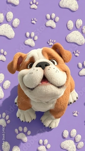 Fototapeta Happy bulldog puppy playing on a purple background with paw prints in the afternoon sun