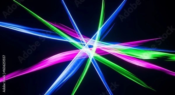 Fototapeta Dynamic Neon Light Streaks: Abstract Starburst of Green, Blue, and Pink on Black Background